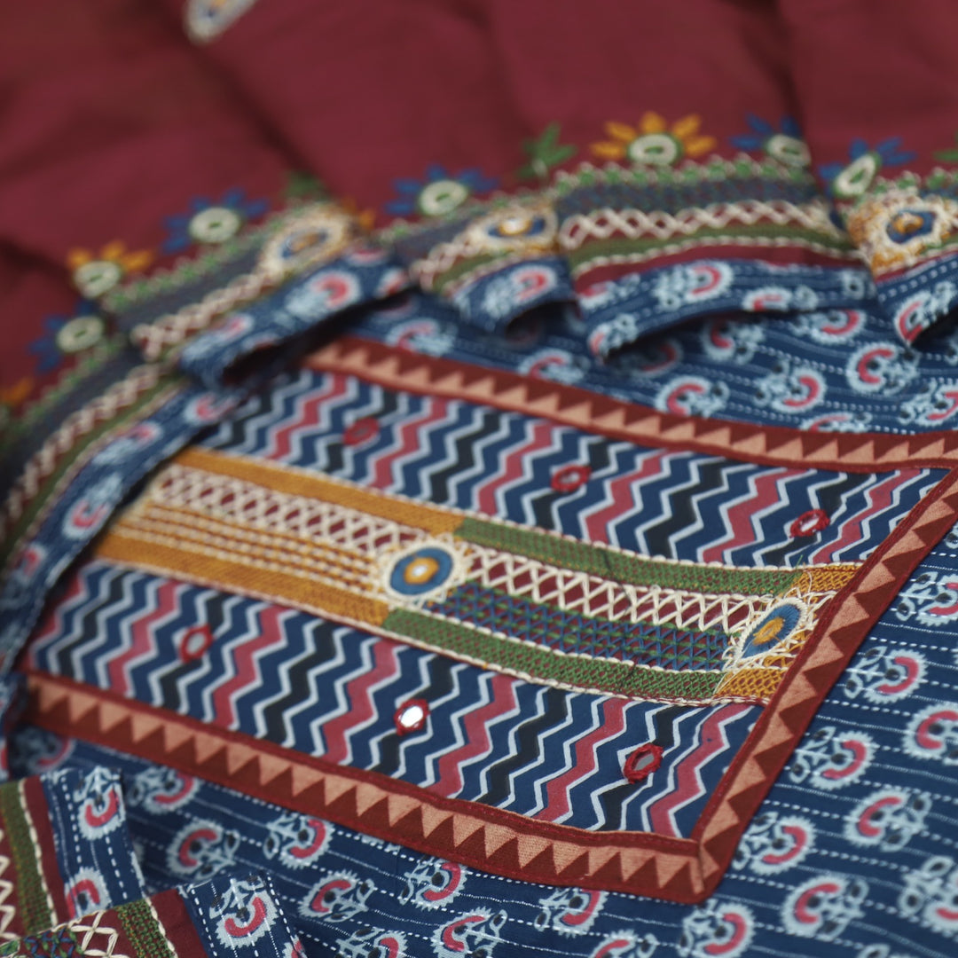 Anokhi Yale Blue Ajrak Cotton Top with Printed Dupatta