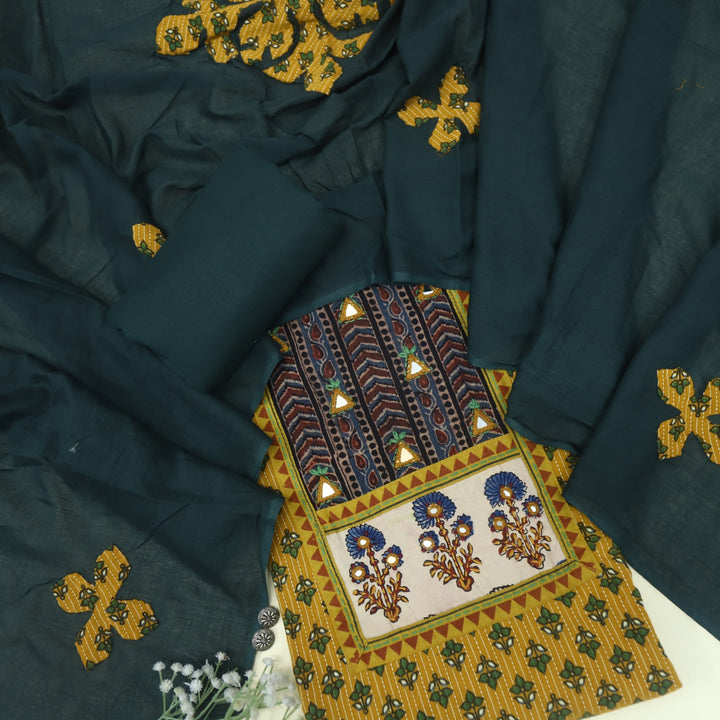 Anokhi Honey Yellow Ajrak Cotton Top with Printed Dupatta