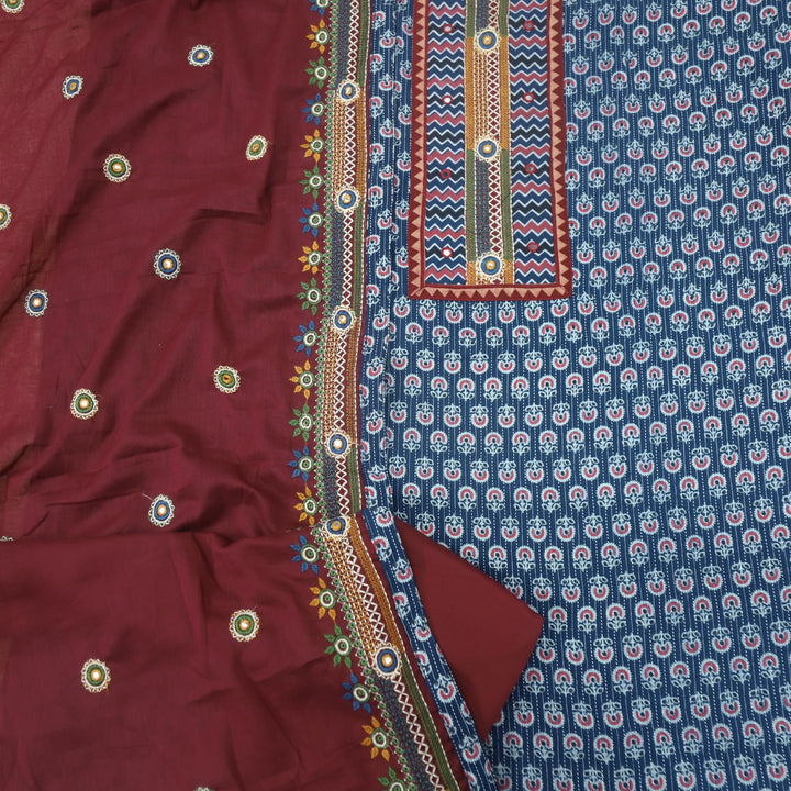 Anokhi Yale Blue Ajrak Cotton Top with Printed Dupatta