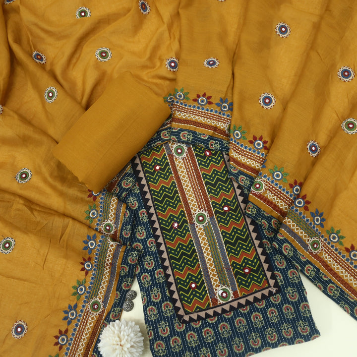 Anokhi Forest Green Ajrak Cotton Top with Printed Dupatta