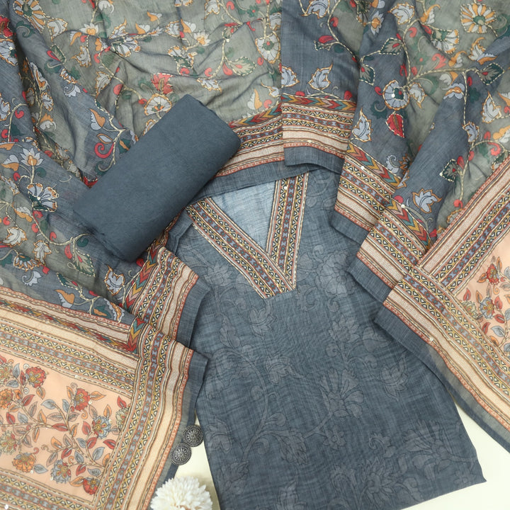 Kohinoor Pebble Grey V Neck Chanderi Top with Kantha Dupatta