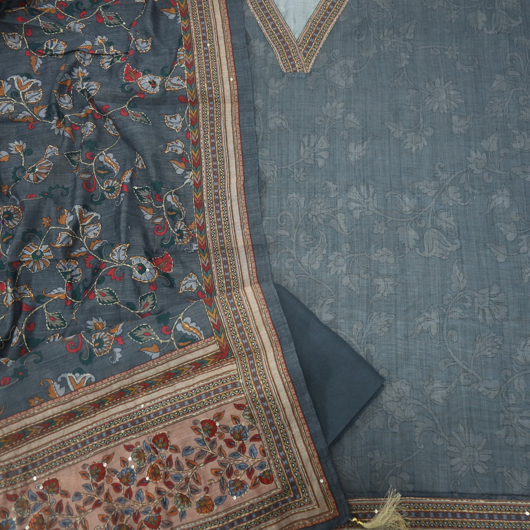 Kohinoor Pebble Grey V Neck Chanderi Top with Kantha Dupatta
