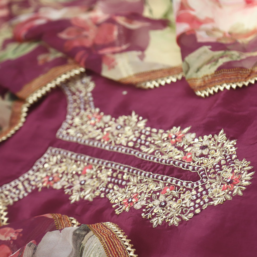 Muntazir Plum Purple Embellished V Neck Crepe Suit Set