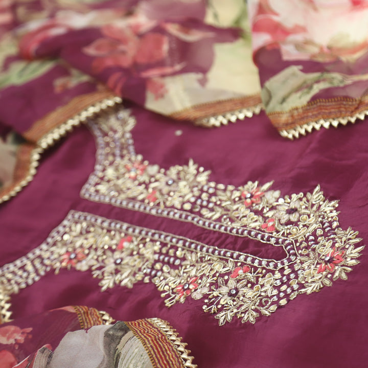Muntazir Plum Purple Embellished V Neck Crepe Suit Set