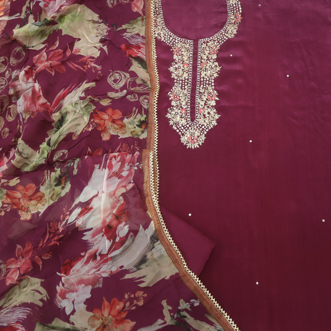 Muntazir Plum Purple Embellished V Neck Crepe Suit Set