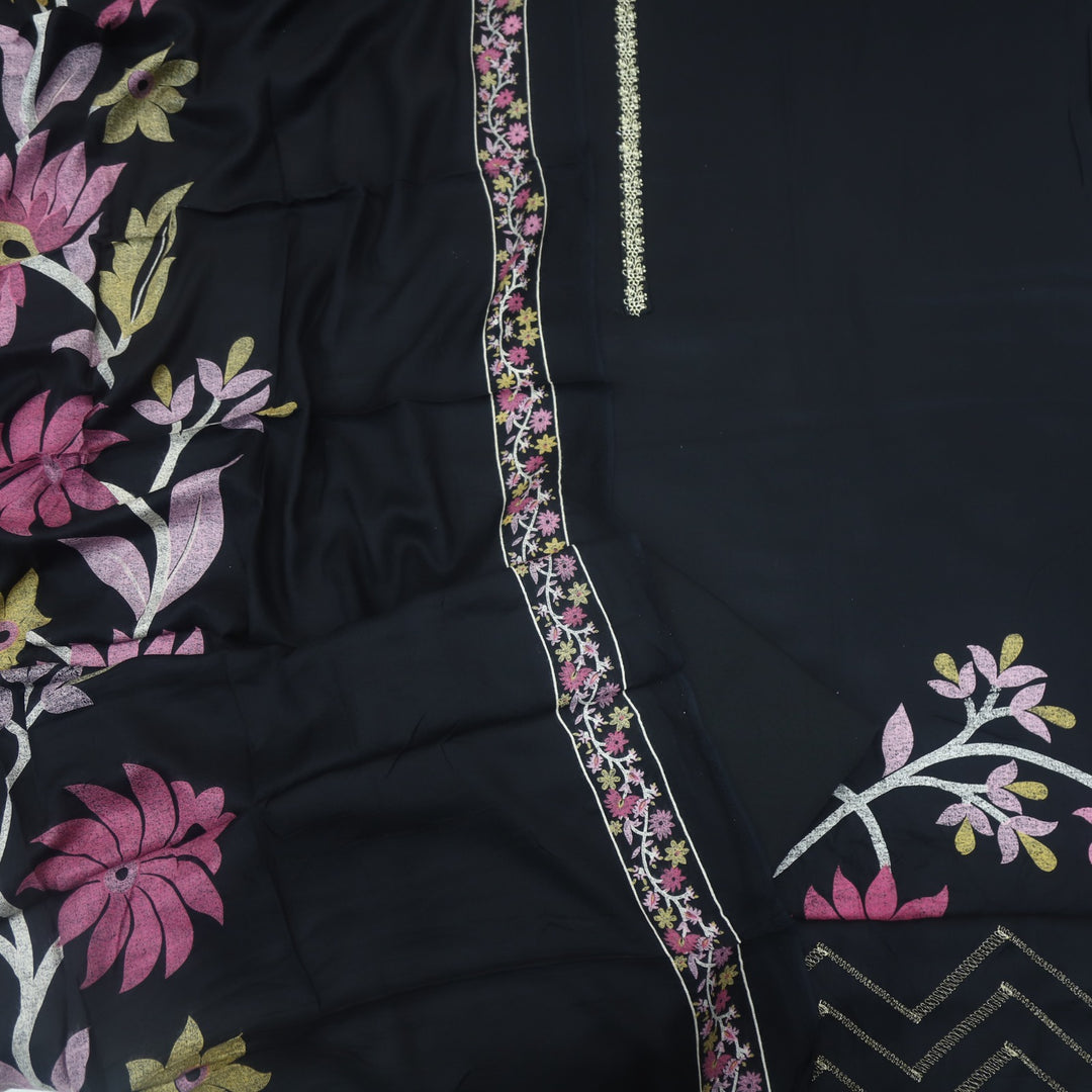 Lihaaz Ebony Black Floral Printed Semi Pashmina Suit Set