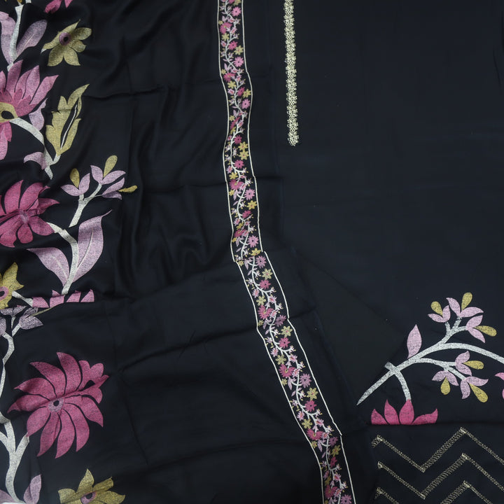 Lihaaz Ebony Black Floral Printed Semi Pashmina Suit Set