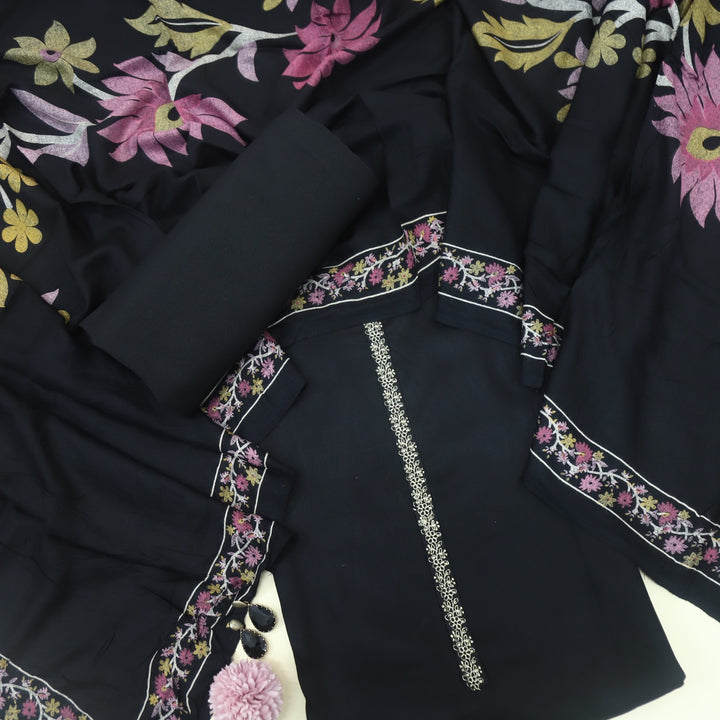 Lihaaz Ebony Black Floral Printed Semi Pashmina Suit Set