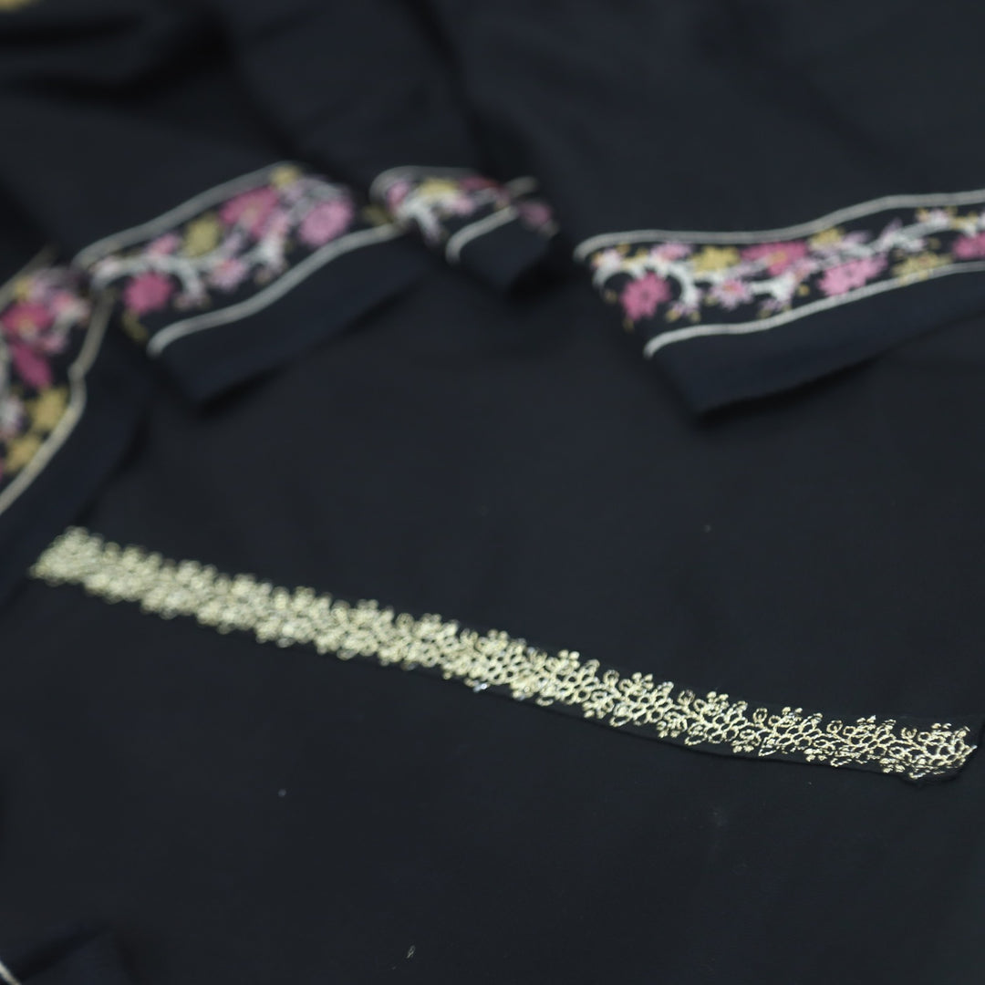 Lihaaz Ebony Black Floral Printed Semi Pashmina Suit Set
