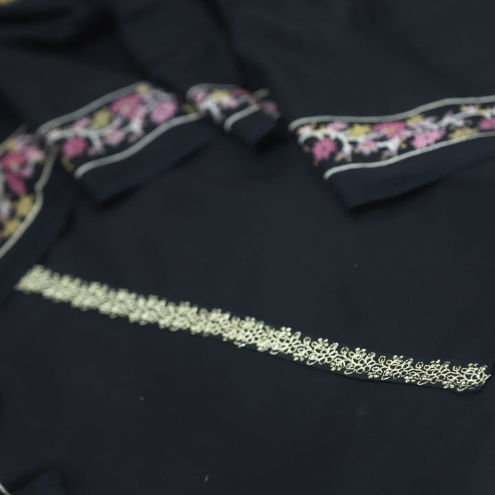 Lihaaz Ebony Black Floral Printed Semi Pashmina Suit Set