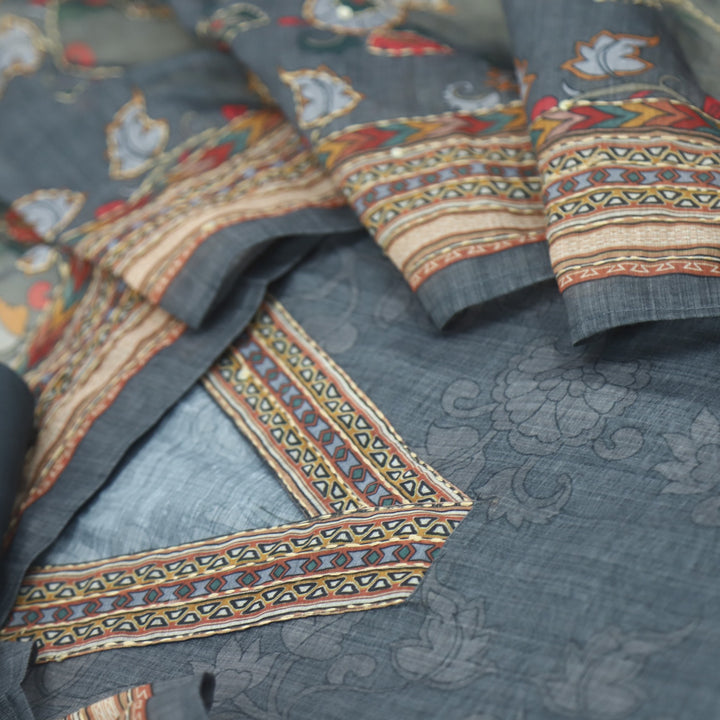 Kohinoor Pebble Grey V Neck Chanderi Top with Kantha Dupatta