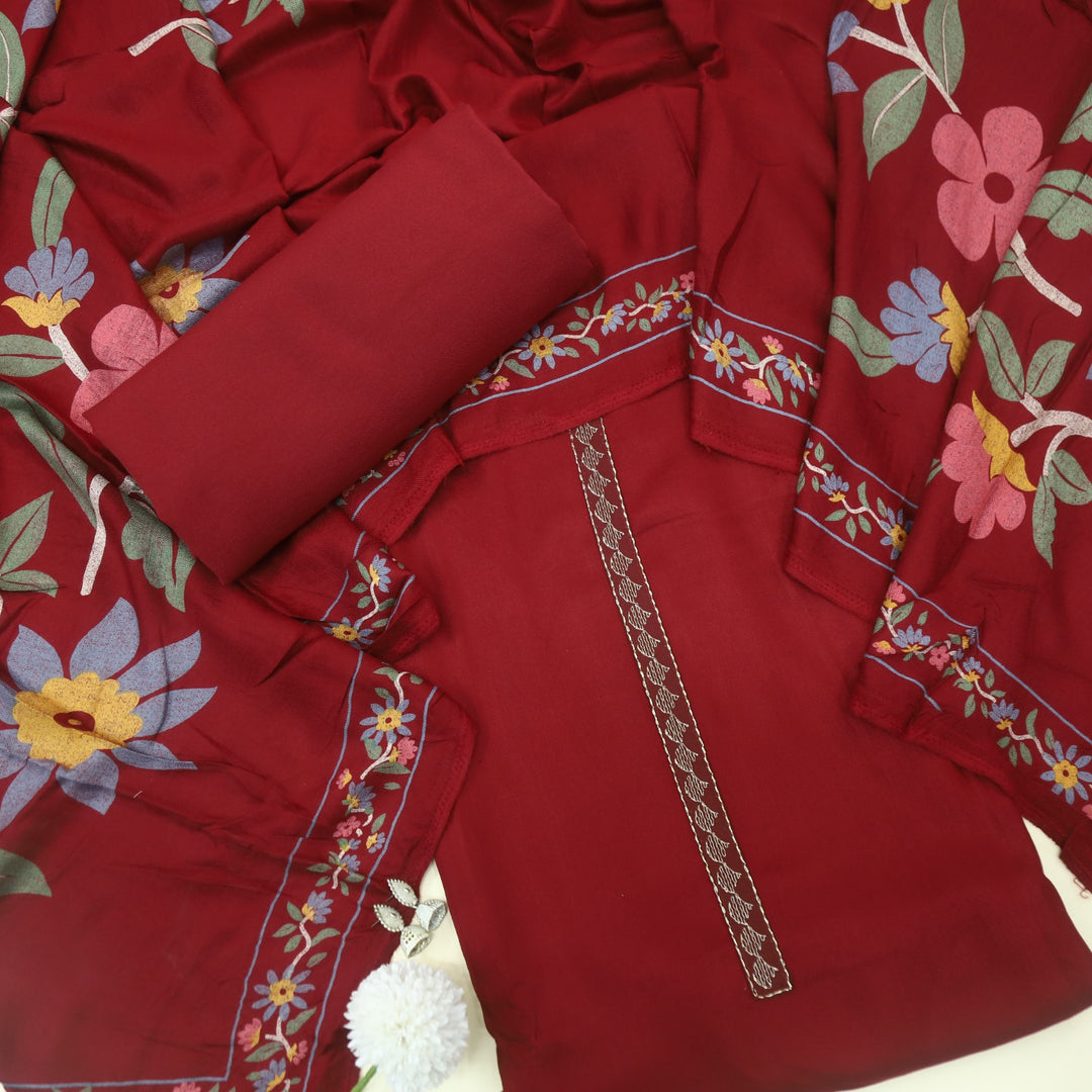 Lihaaz Maroon Red Floral Printed Semi Pashmina Suit Set