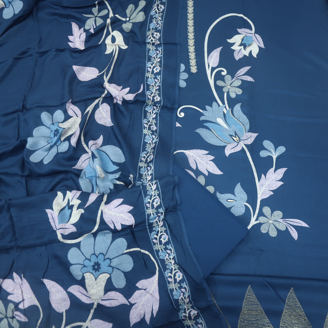 Lihaaz Navy Blue Floral Printed Semi Pashmina Suit Set