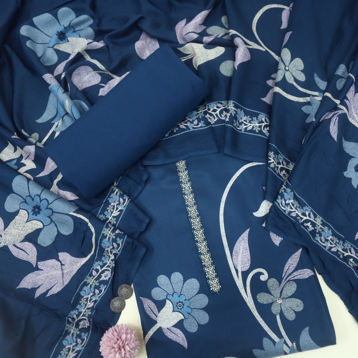 Lihaaz Navy Blue Floral Printed Semi Pashmina Suit Set