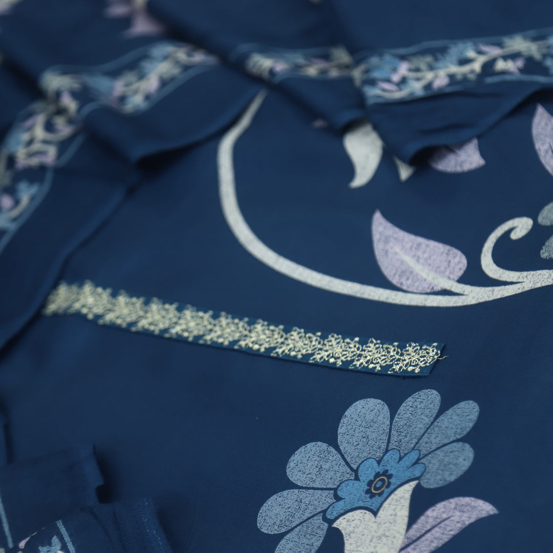 Lihaaz Navy Blue Floral Printed Semi Pashmina Suit Set