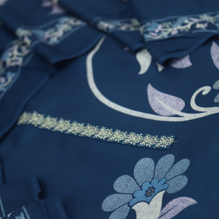 Lihaaz Navy Blue Floral Printed Semi Pashmina Suit Set