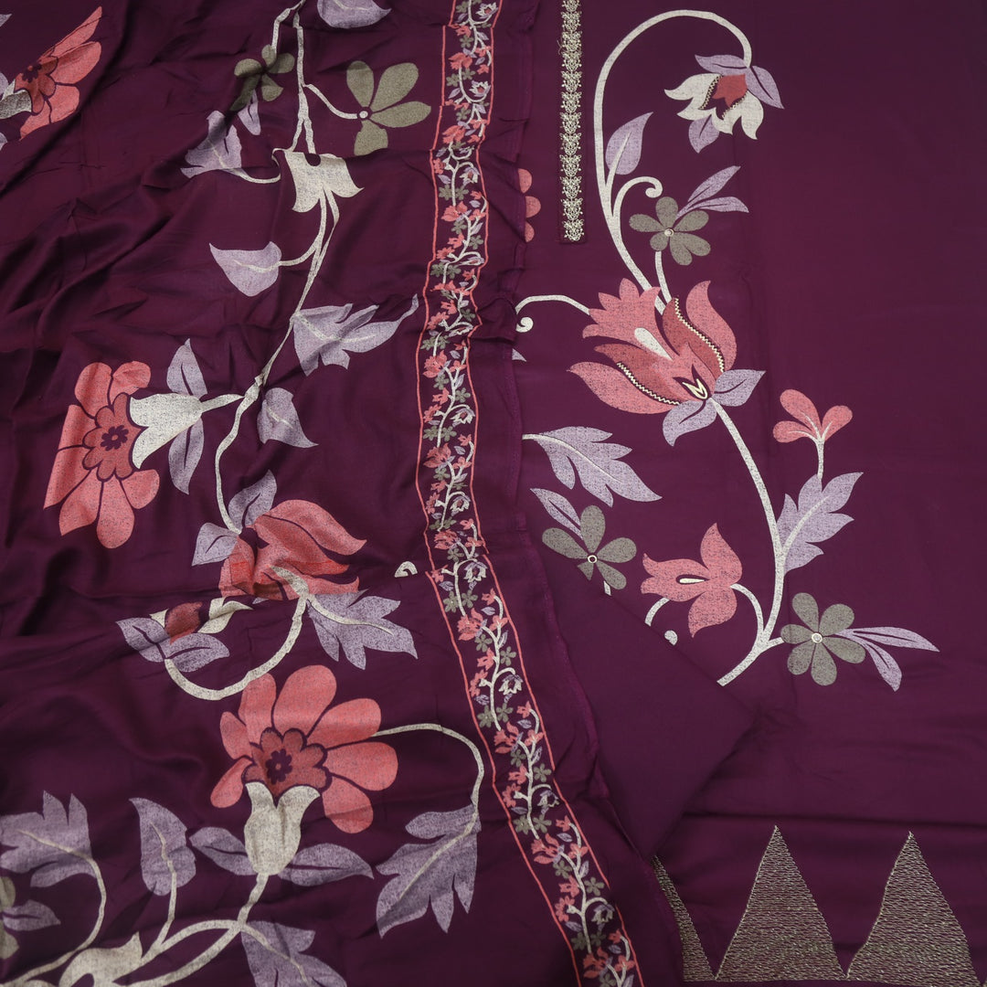 Lihaaz Dark Purple Floral Printed Semi Pashmina Suit Set