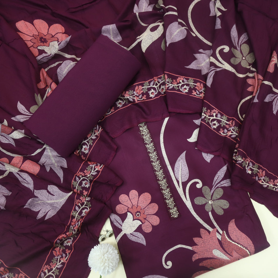 Lihaaz Dark Purple Floral Printed Semi Pashmina Suit Set