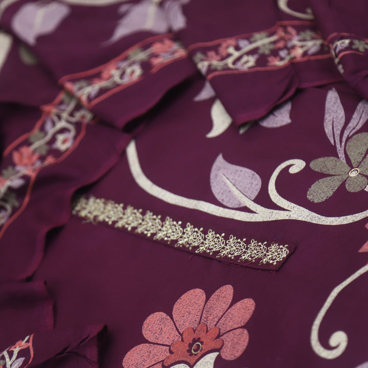 Lihaaz Dark Purple Floral Printed Semi Pashmina Suit Set