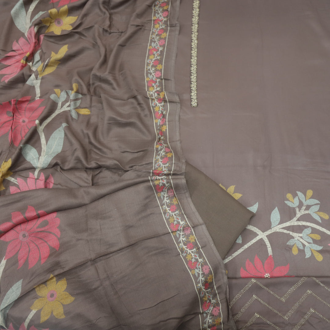 Lihaaz Taupe Brown Floral Printed Semi Pashmina Suit Set