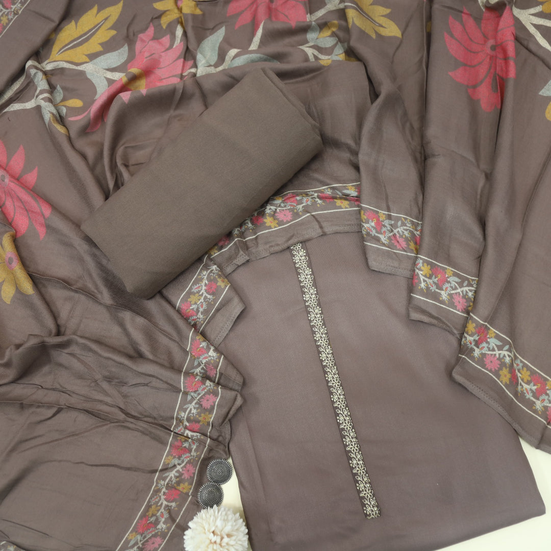 Lihaaz Taupe Brown Floral Printed Semi Pashmina Suit Set