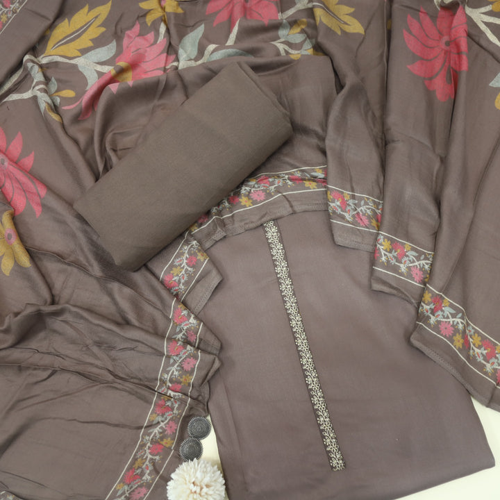 Lihaaz Taupe Brown Floral Printed Semi Pashmina Suit Set
