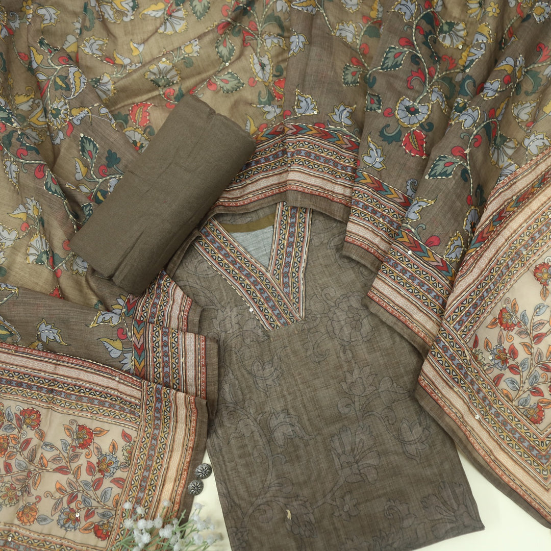 Kohinoor Wood Brown V Neck Chanderi Top with Kantha Dupatta