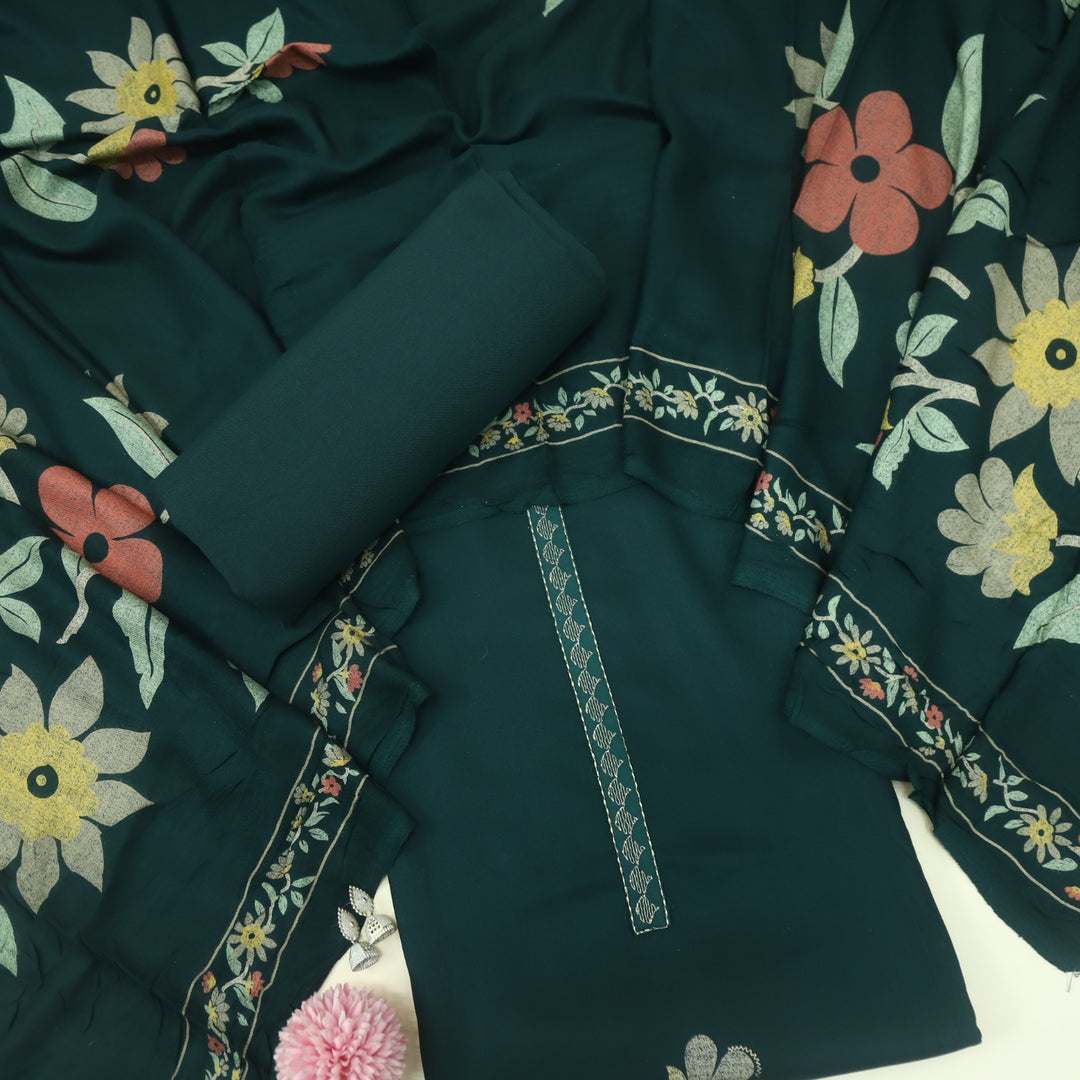 Lihaaz Sacramento Green Floral Printed Semi Pashmina Suit Set