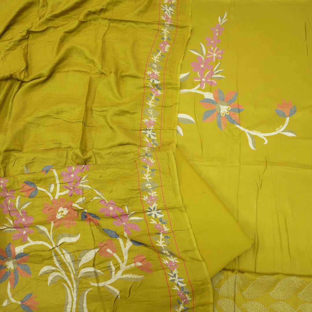 Lihaaz Canary Yellow Floral Printed Semi Pashmina Suit Set