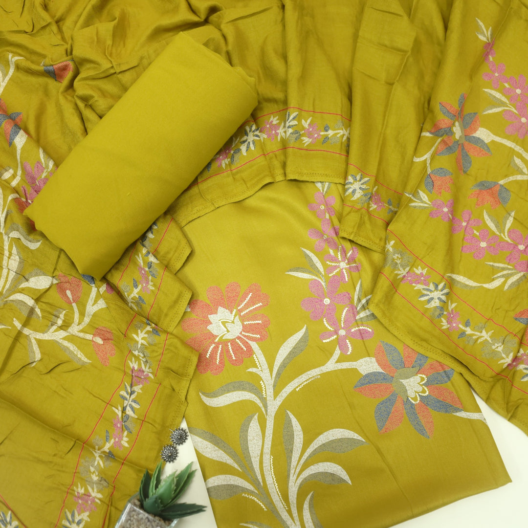 Lihaaz Canary Yellow Floral Printed Semi Pashmina Suit Set