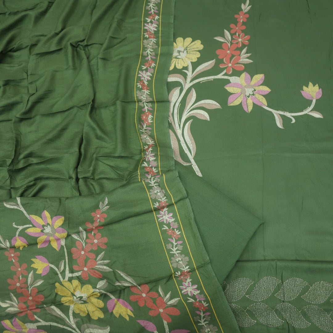 Lihaaz Grass Green Floral Printed Semi Pashmina Suit Set