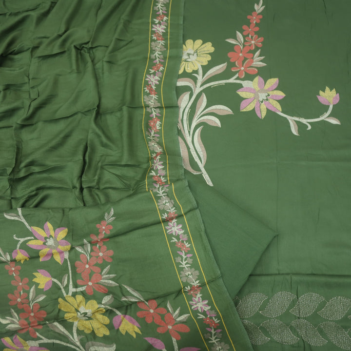 Lihaaz Grass Green Floral Printed Semi Pashmina Suit Set