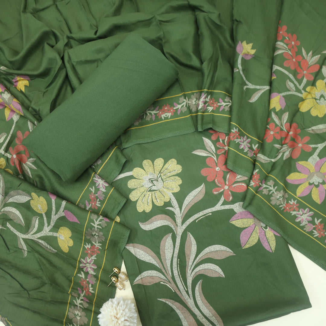 Lihaaz Grass Green Floral Printed Semi Pashmina Suit Set