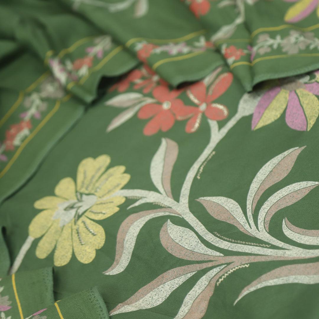 Lihaaz Grass Green Floral Printed Semi Pashmina Suit Set
