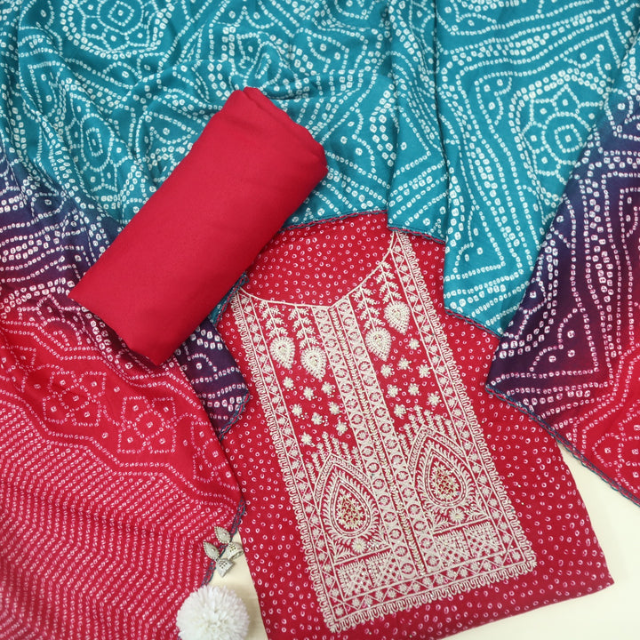 Sohneya Hot Pink Bandhani Printed Semi Pashmina Suit Set