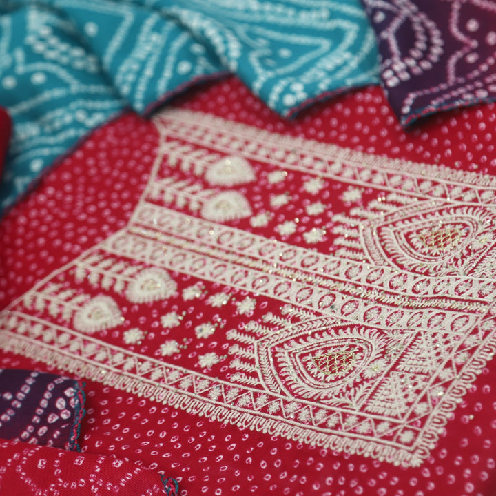 Sohneya Hot Pink Bandhani Printed Semi Pashmina Suit Set
