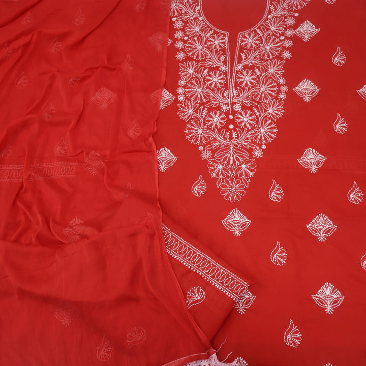 Izhaar Cherry Red Authentic Chikankari Cotton Suit Set-D6