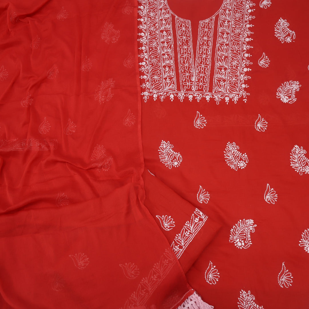 Izhaar Cherry Red Authentic Chikankari Cotton Suit Set D5