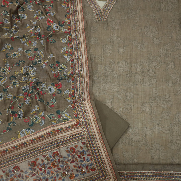 Kohinoor Wood Brown V Neck Chanderi Top with Kantha Dupatta