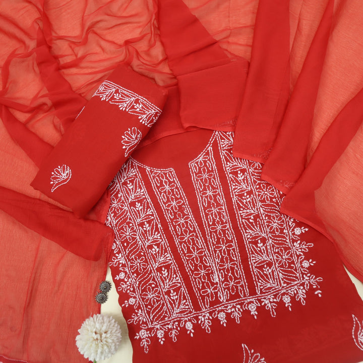 Izhaar Cherry Red Authentic Chikankari Cotton Suit Set D5