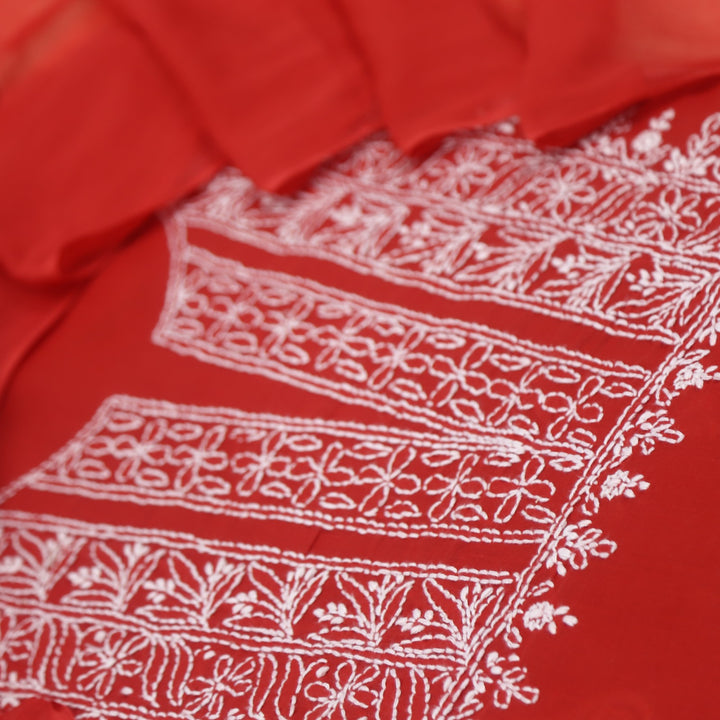 Izhaar Cherry Red Authentic Chikankari Cotton Suit Set D5