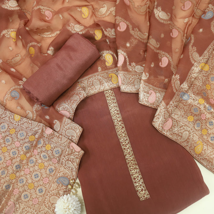 Alhada Cinnamo Brown Organza Top with Organza Dupatta
