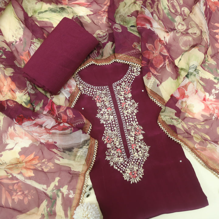 Muntazir Plum Purple Embellished V Neck Crepe Suit Set