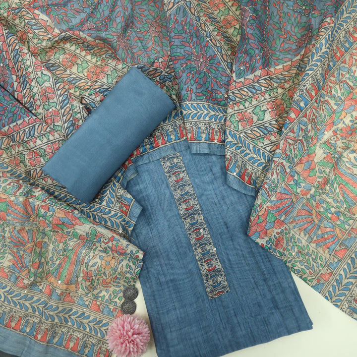 Kohinoor Blueish Grey  Madhubani Chanderi Kantha Work Suit Set