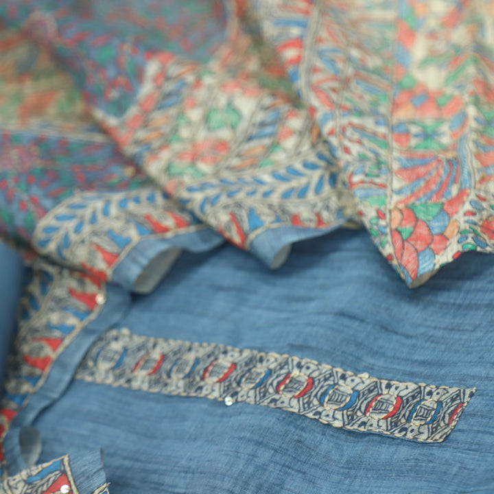 Kohinoor Blueish Grey  Madhubani Chanderi Kantha Work Suit Set