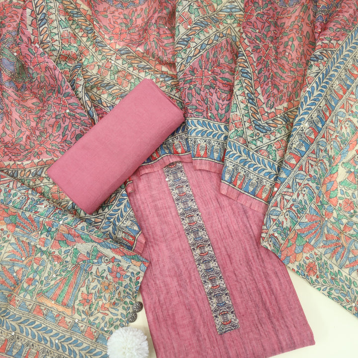 Kohinoor Blush Pink Madhubani Chanderi Kantha Work Suit Set