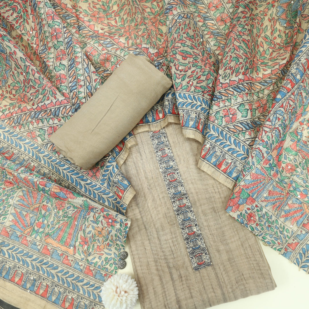 Kohinoor Sand Beige Madhubani Chanderi Kantha Work Suit Set