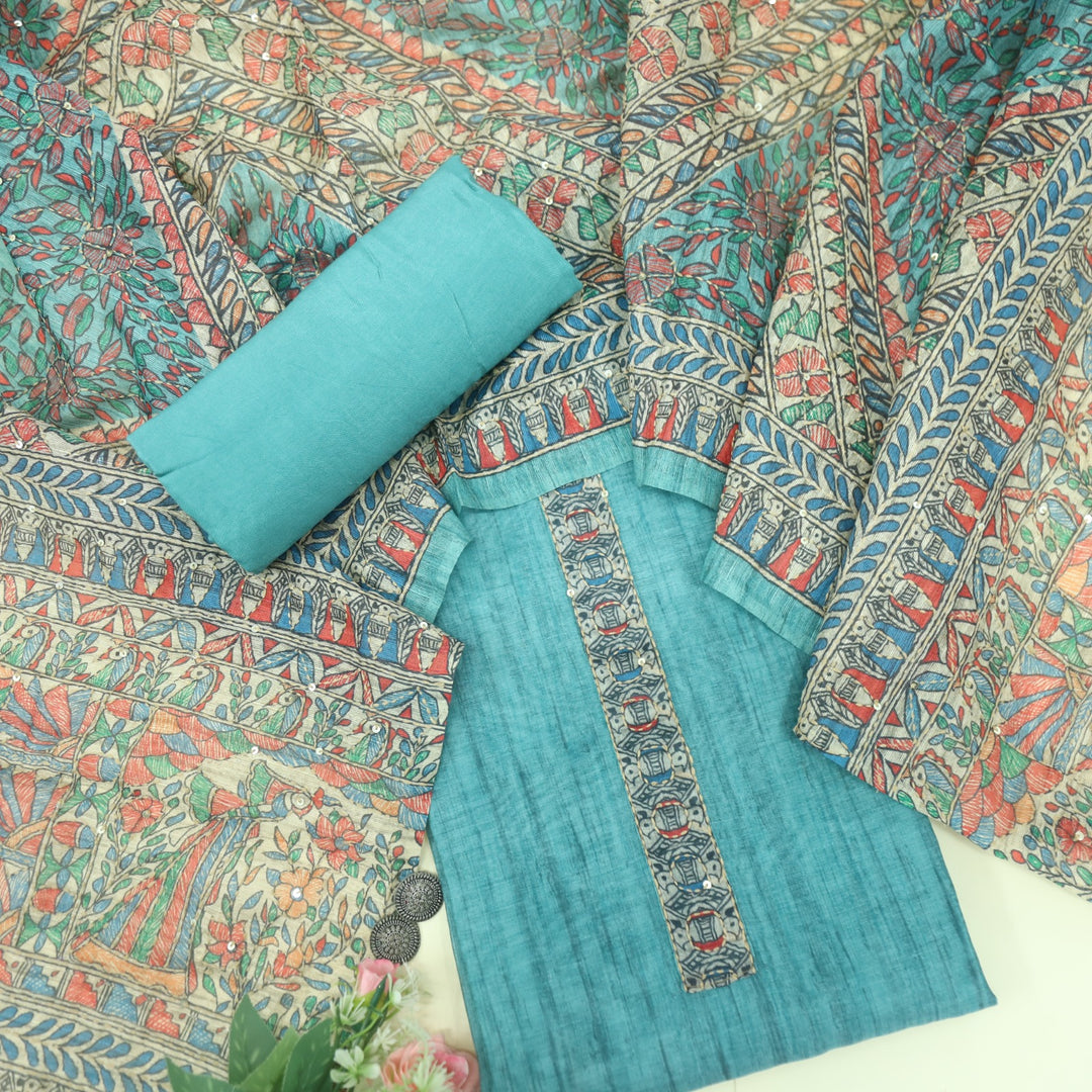 Kohinoor Sea Minty Green Madhubani Chanderi Kantha Work Suit Set