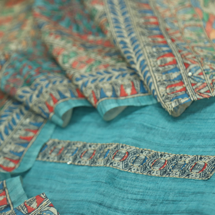 Kohinoor Sea Minty Green Madhubani Chanderi Kantha Work Suit Set