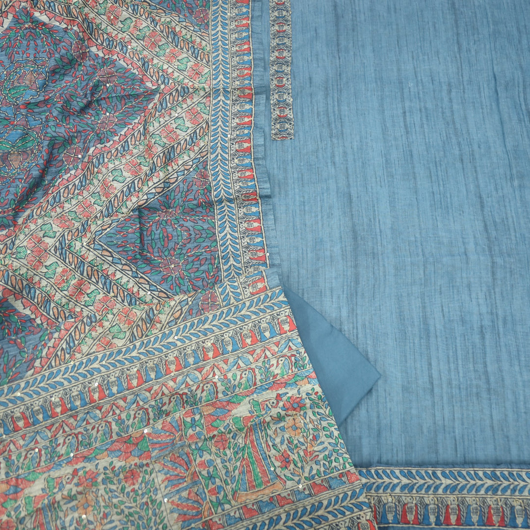 Kohinoor Blueish Grey  Madhubani Chanderi Kantha Work Suit Set